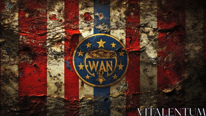 Heavily weathered striped wall with central circular crest emblem