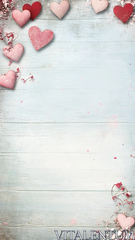 Decorative Heart Compositions on Rustic Weathered Wood Surface Arrangement