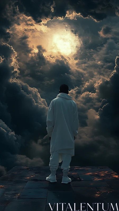 Solitary figure on platform beneath luminous storm clouds.