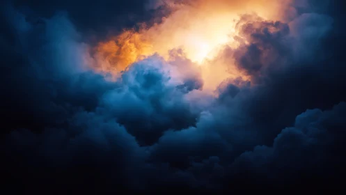 Fiery light bursts through brooding storm clouds in sky.