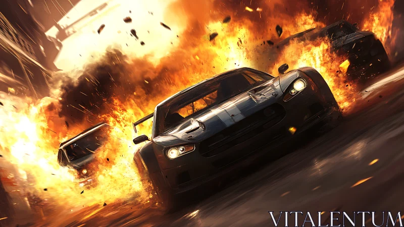 High-performance sports car escaping massive explosion scene.