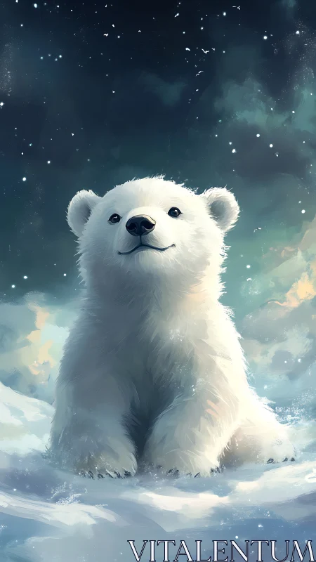 Digital illustration of a polar bear cub in snowy landscape.