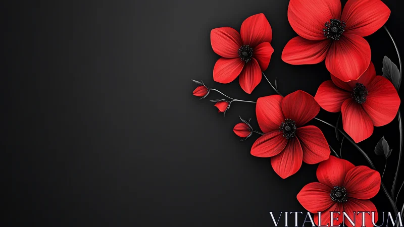 Red Cosmos Flowers Against Black Background with Textural Detail.