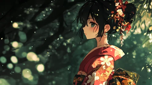 Forest-kissed kimono girl glowing in drifting light dust.