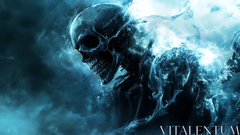 Spectral skull entity emerges from swirling cyan mist