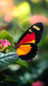 Butterfly rests on pink flower in shallow depth of field