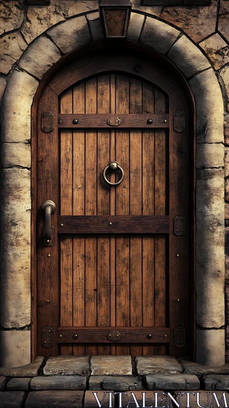 Medieval wooden door stands within weathered stone archway