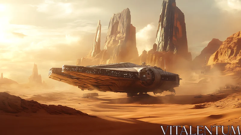 Sunlit desert canyon welcoming a wandering starship.