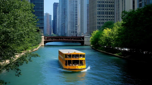 Yellow tour boat on city river between tall buildings.