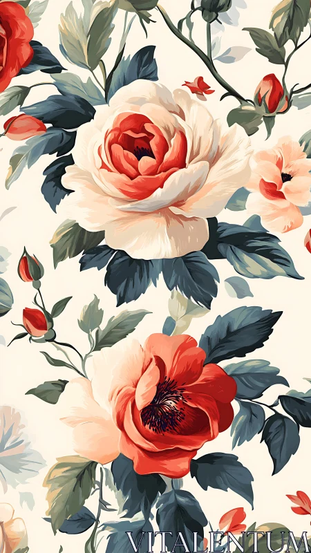 Red and Cream Peonies with Buds on Neutral Background
