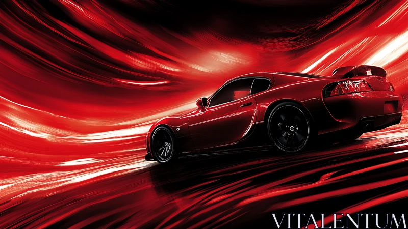 Scarlet sports car races through luminous abstract tunnel.