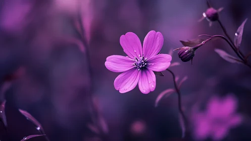 Magenta Cosmos Flower in Soft Focus Purple Garden.