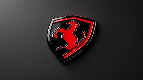 Red prancing horse emblem on black shield shaped badge.