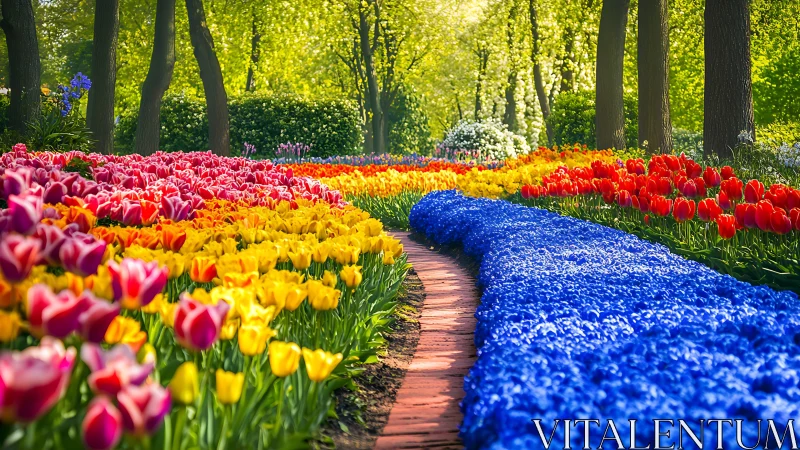 Ornamental tulip garden with paved walkway and vibrant flower beds