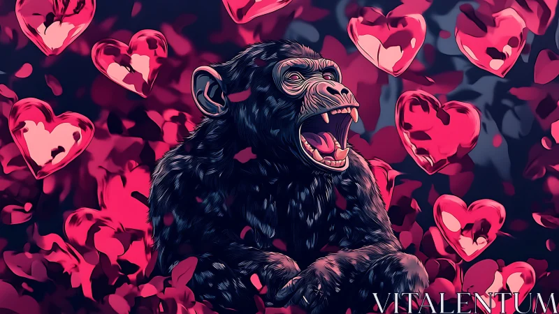 Vocalizing chimpanzee amid refracted heart particulates.
