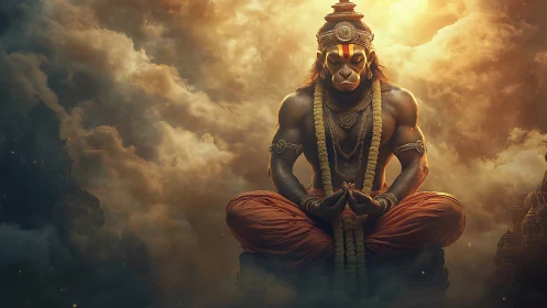 Radiant monkey-headed sage in peaceful golden meditation.