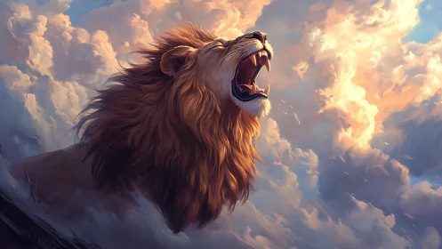 Majestic lion roars defiantly beneath blazing sunset clouds