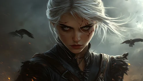 Storm-eyed warrior strides through crows and gathering ash