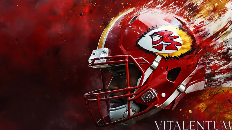 Explosive red football helmet rendered in dynamic digital paint.