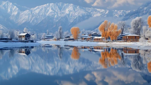 Snowbound lakeside village reflects beneath winter peaks.