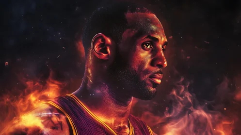 Fiery basketball portrait glows against a dark, smoky void.
