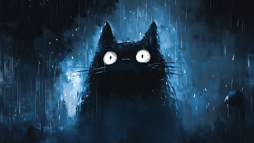 Midnight cat gazes wide eyed through softly falling rain