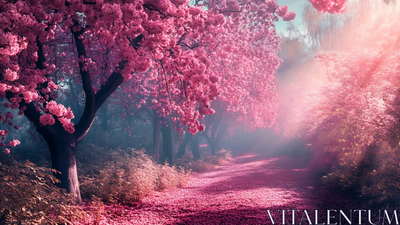 Cherry blossom path in soft morning backlight haze.
