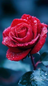 Crimson Rose with Dewdrops: Macro Close-up Against Blurred Blue Background