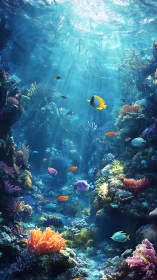 Sunbeams choreograph a kaleidoscopic ballet over coral gardens