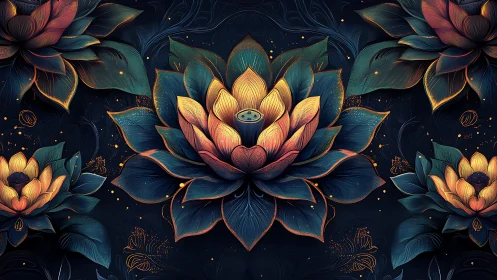 Mystical Golden Lotus Mandala Against Midnight.