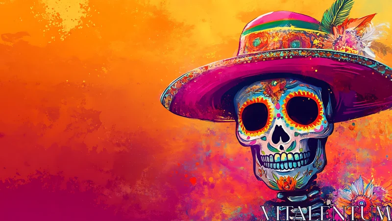 Colorful D&iacute;a de los Muertos skull portrait with hat.