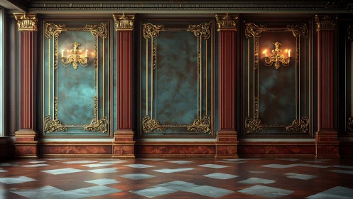 Opulent neoclassical hall glows with gilded wall sconces