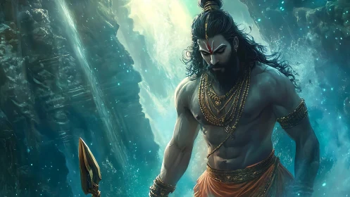 Warrior figure stands in aquatic cavern environment with spear