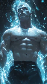 Muscular white‑haired man stands in glowing blue energy field