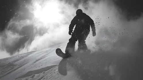 Backlit snowboarder carving powder in dramatic high-contrast light