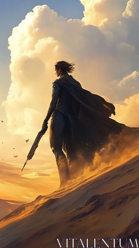 Armored desert sentinel ascends dune slope under volumetric clouds