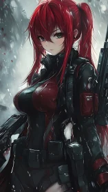 Red‑haired anime soldier stands vigilant in rain-soaked ruins