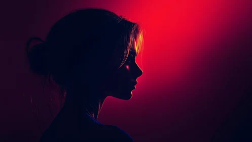 Silhouetted woman profile in vivid red backlight glow.