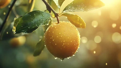 Sunlit citrus fruit with dewdrops in soft bokeh glow.