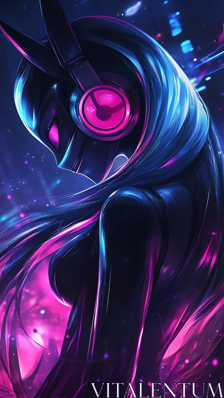 Neon cyberpunk DJ figure with glowing headphones.