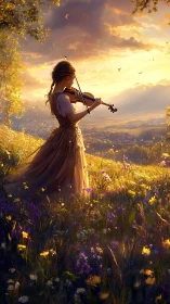 Violin girl bathed in golden sunset over wildflower hills.