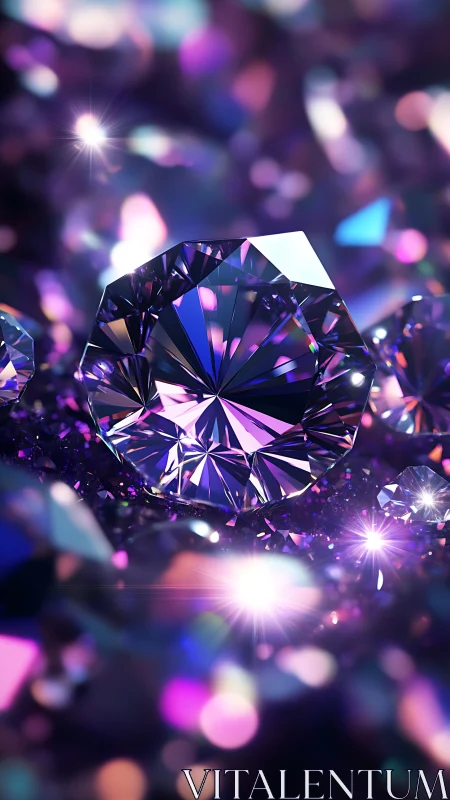 Violet gemstone sparkles amid bokeh-lit crystal field