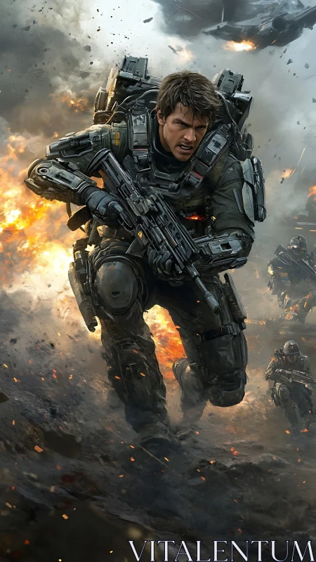 Futuristic soldier sprinting through firelit battle chaos.