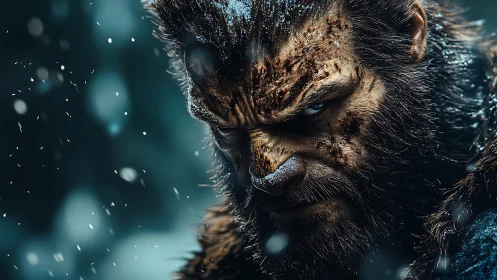 Ferocious winter beast warrior under driving snowstorm.