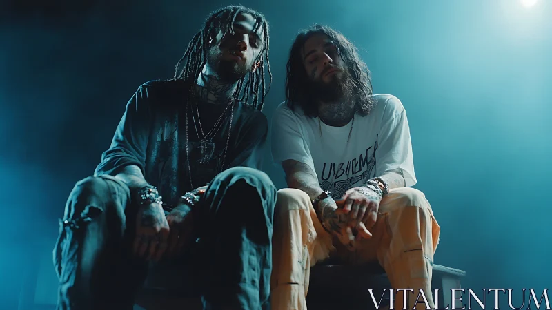 Low-angle portrait of two tattooed men under cinematic teal haze