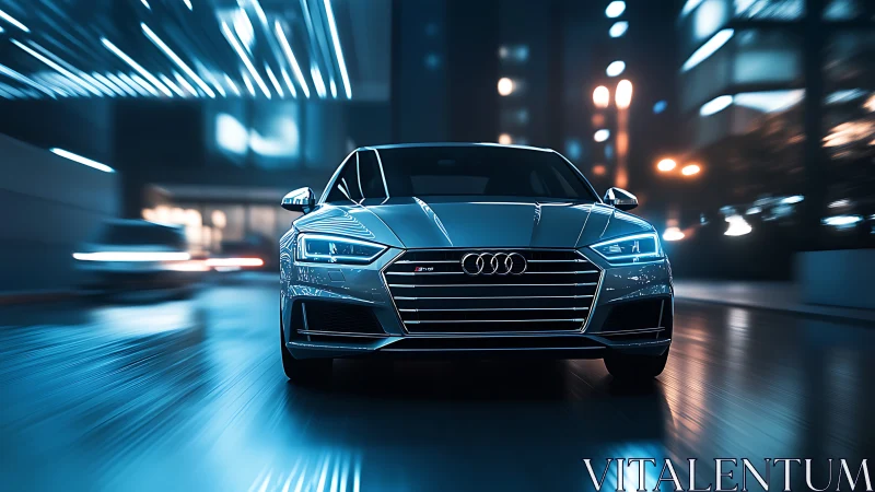 Silver Audi sedan on wet neon lit city street at night.