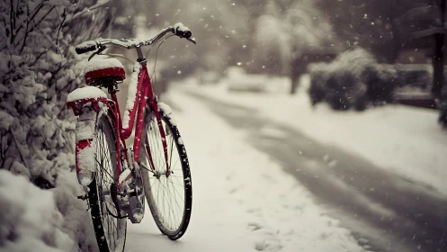 Red Bicycle in Snow.