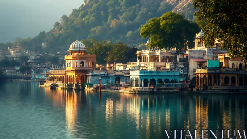 Morning domes hum softly above the mirror-still lakeside town