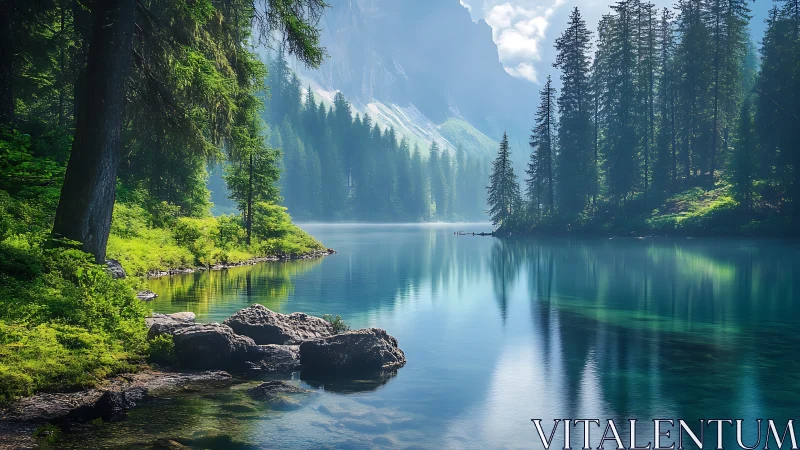 Mountain lake shoreline displays mirrored conifers and volumetric haze