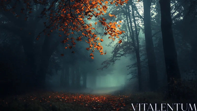 Misty forest path framed by dark trees and bright autumn foliage